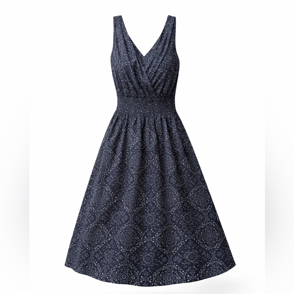 Organic Viscose Smocked Waist & Back Black Patterned Dress with Pockets Fits S/M - Picture 13 of 16